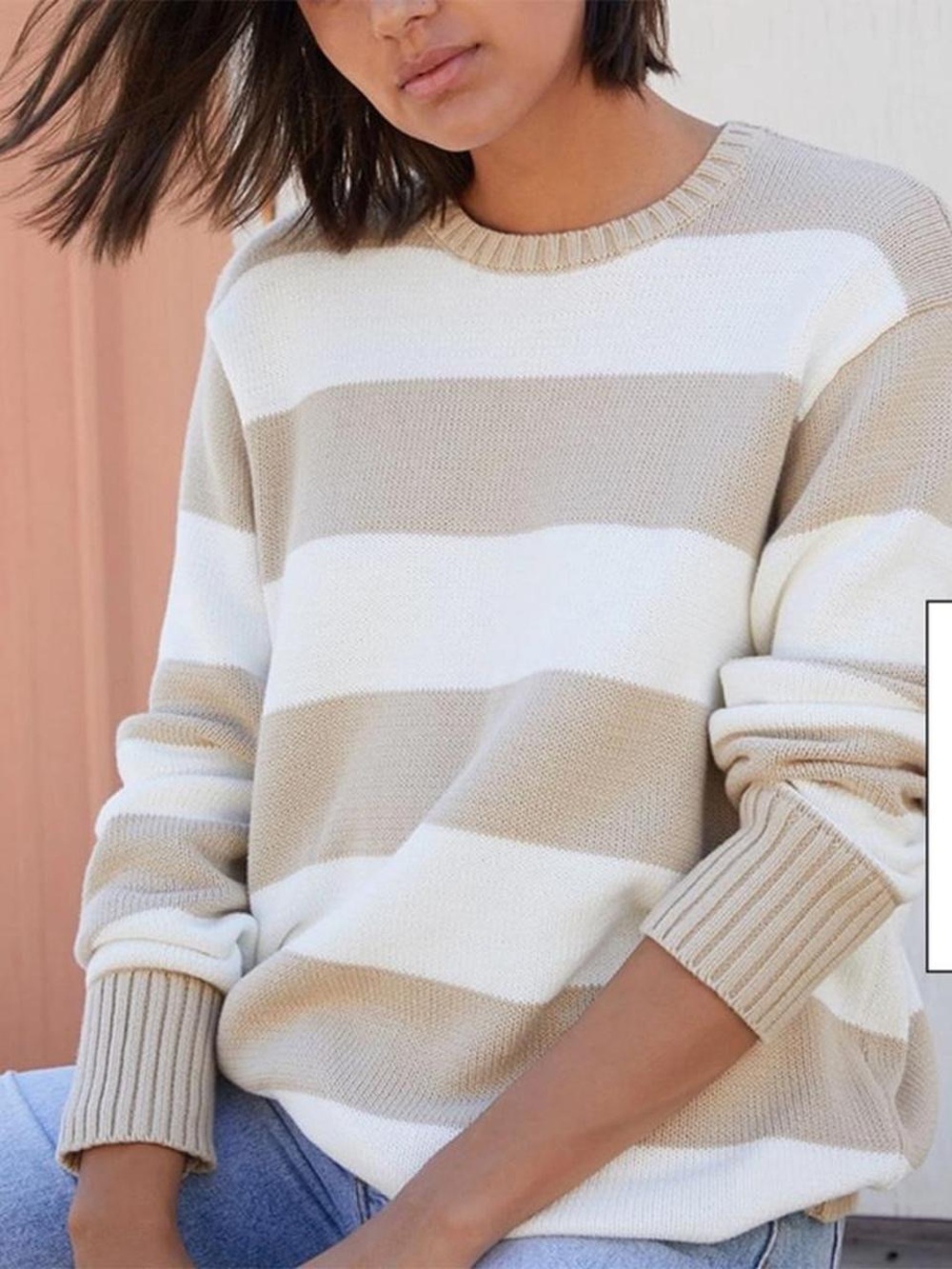 Brandy Melville Brianna Tan Ivory Striped Heavy Knit Sweater One Size